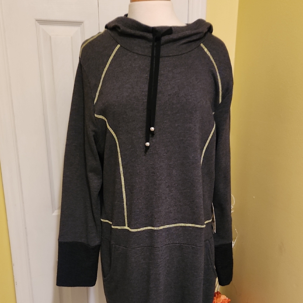 Hooded Knit Sweatshirt Dress or Tunic Long Sleeve Gray Bleu Bayou